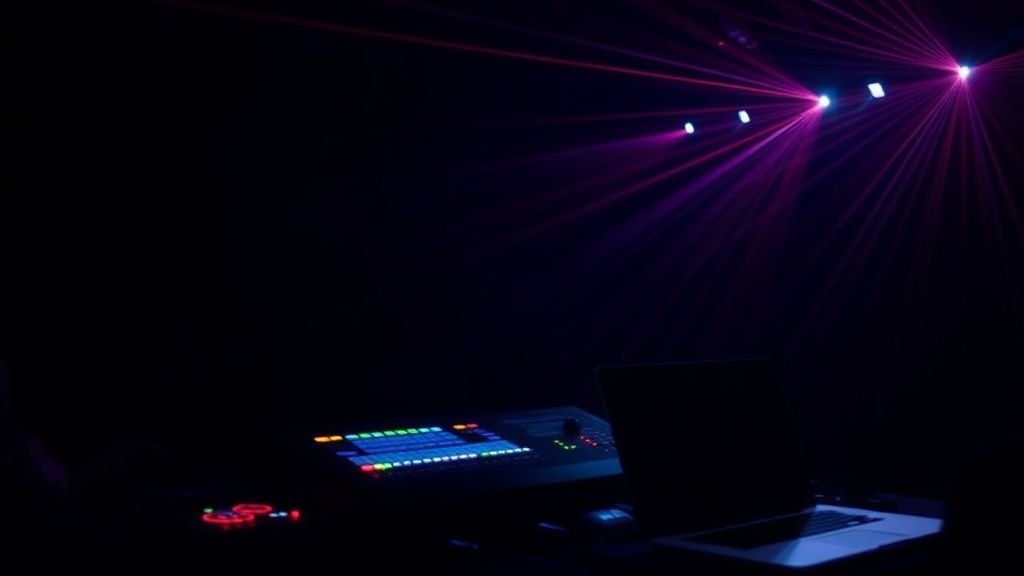 Opérateur de show laser derrière sa console en régie lors d'un événement corporate