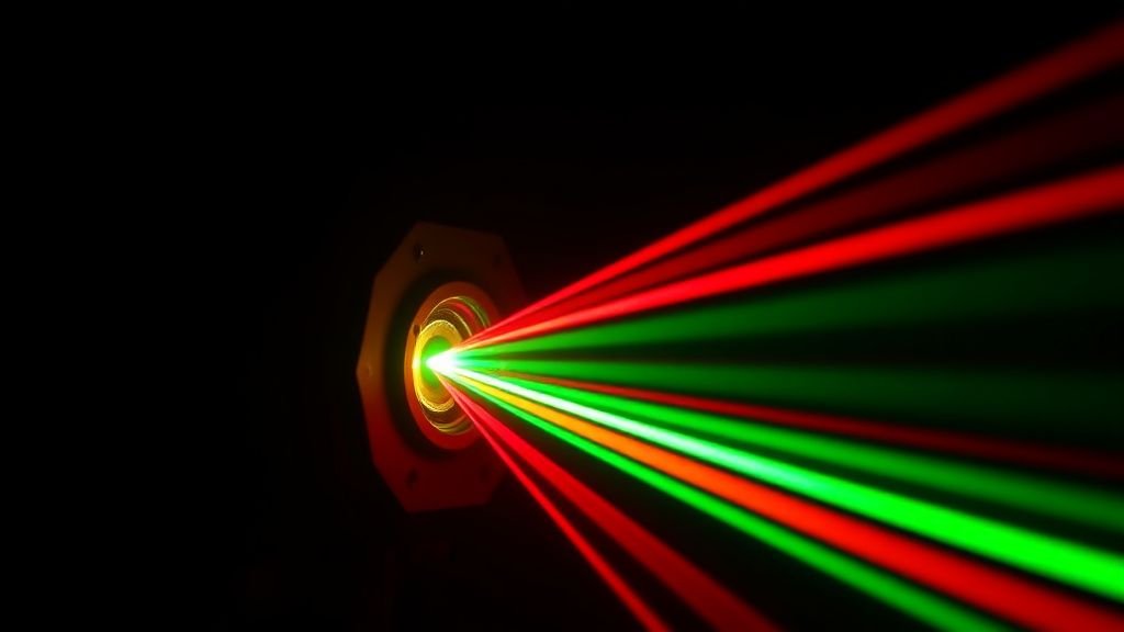 Tête de projecteur laser professionnel en gros plan avec faisceaux lumineux