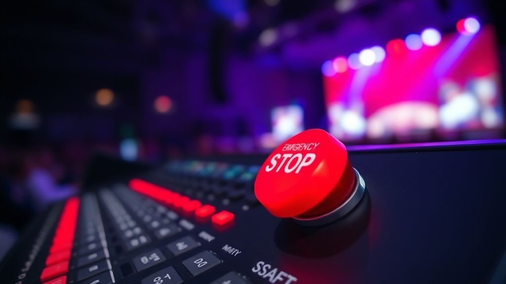 Bouton d'arrêt d'urgence rouge sur un panneau de contrôle laser dans une salle sombre