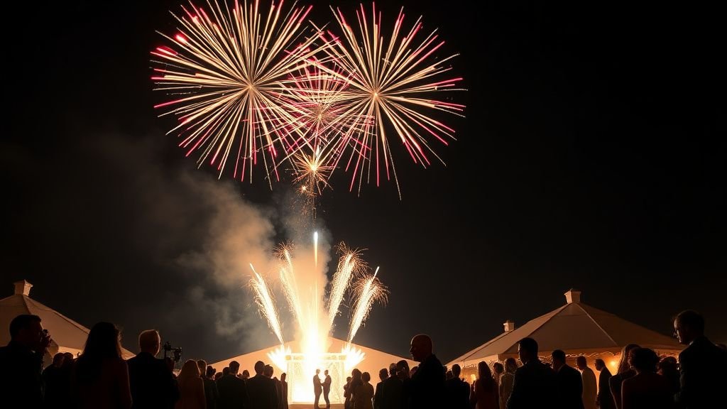 Spectacle de feux d'artifice explosant au-dessus d'un lieu de mariage en soirée