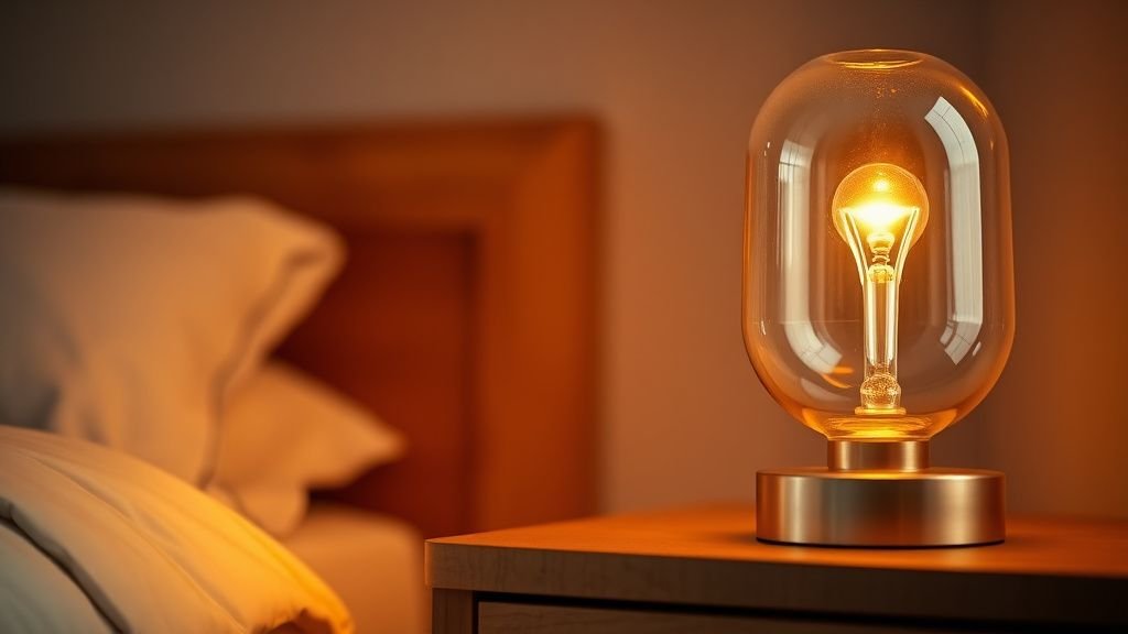 Lampe de chevet à ambiance chaude 2700 kelvins sur une table de nuit en bois
