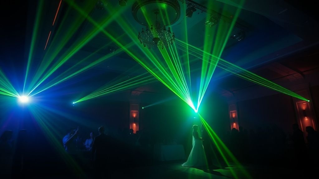 Salle de mariage éclairée par des faisceaux laser verts et bleus lors du show