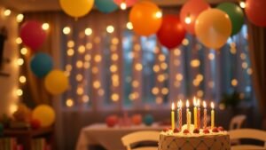 Salle de fête anniversaire éclairée par des guirlandes lumineuses chaudes et gâteau dallumé de bougies