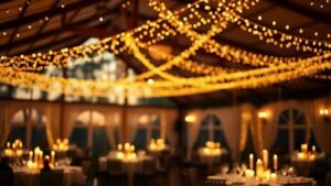 Salle de réception de mariage avec guirlandes lumineuses dorées au plafond et tables aux bougies