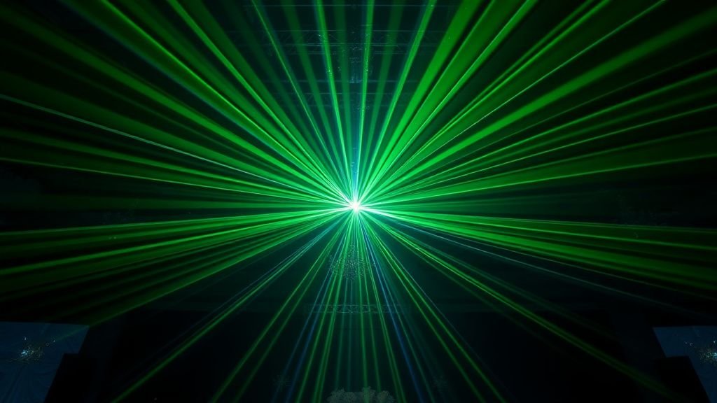 Faisceaux laser verts en éventail projetés au plafond durant un show de mariage