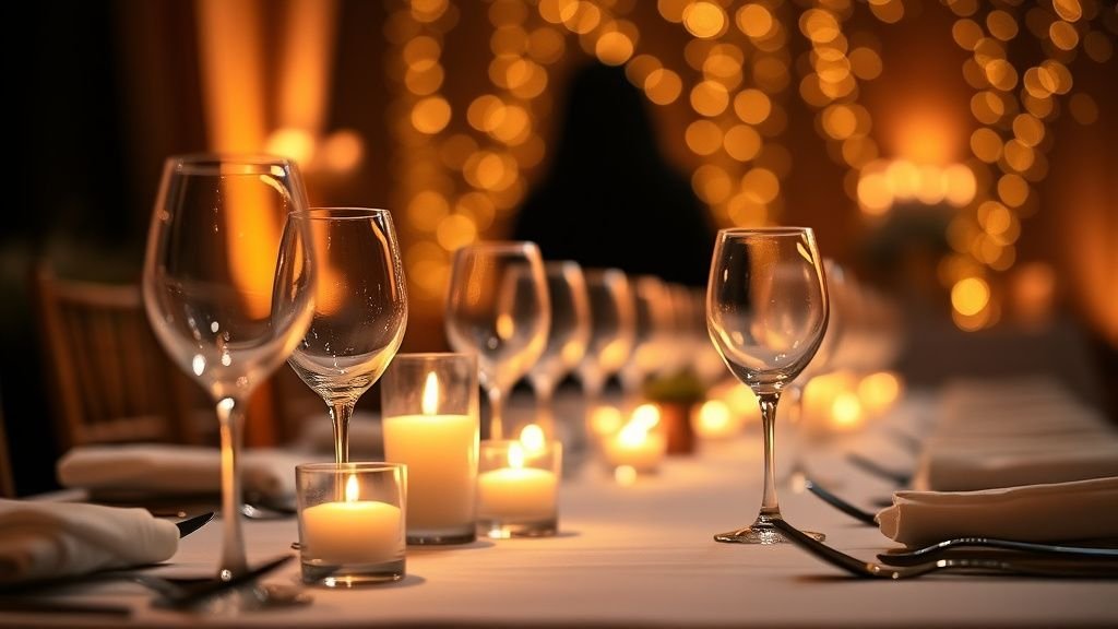 Gros plan table de mariage avec bougies LED et verres en ambiance chaude à 2700 kelvins